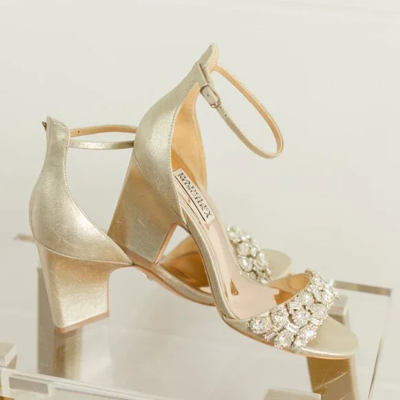 Badgley Mischka Laraine Plantino Gold Women's Leather Heels 7 Metallic Crystal - Picture 1 of 10